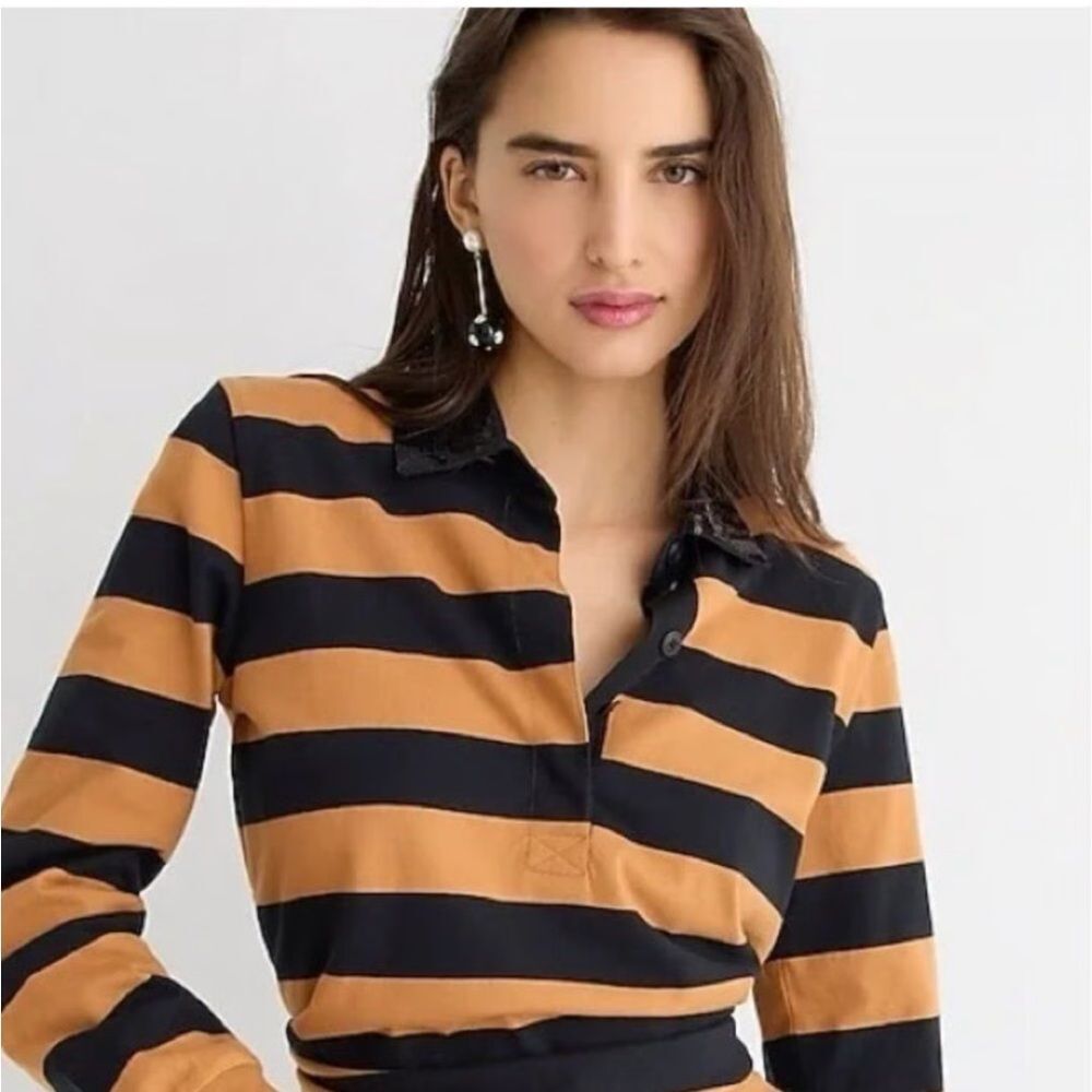 J. Crew Black and Tan Striped henley sequin Polo cotton academia Shirt